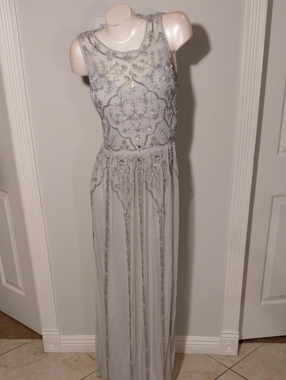 Silver Beaded BHLDN Sleeveless Evening Gown